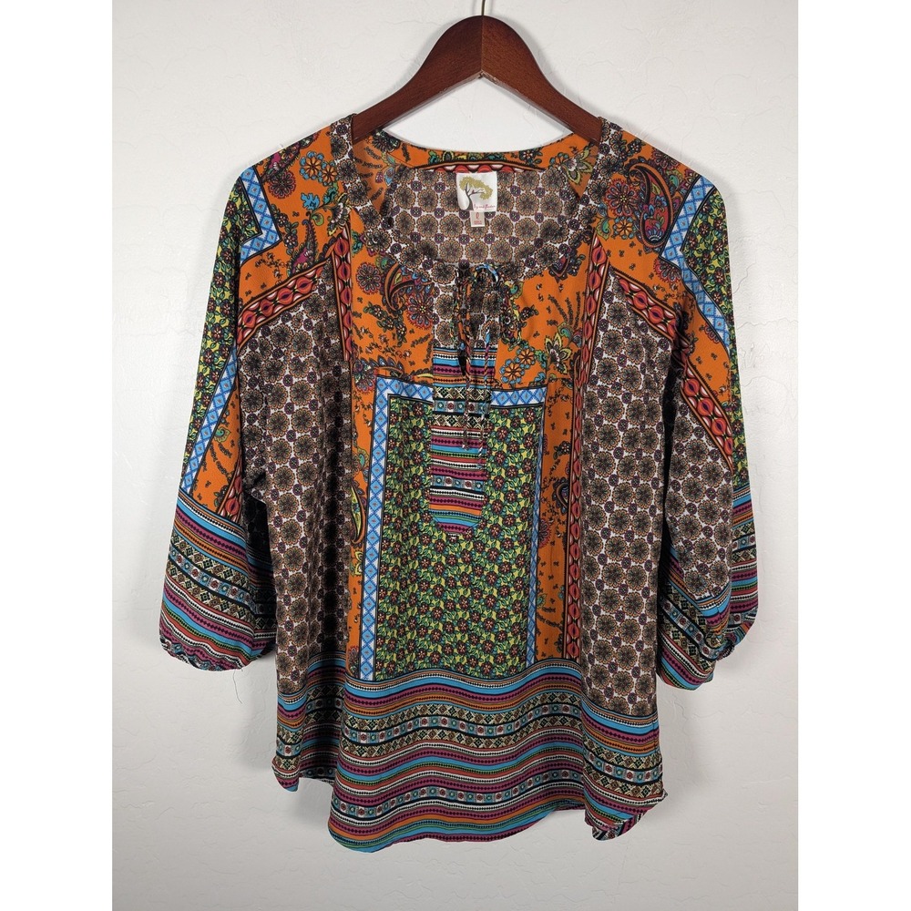 Fig and Flower Shirt Womens Large Multicolor Boho Peasant Tie Neck 3/4‎ Sleeve